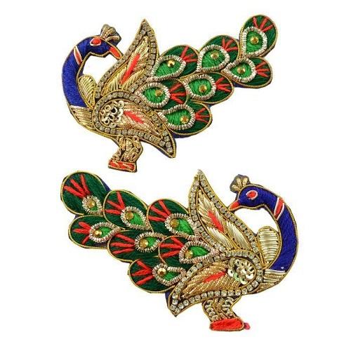 Blue Green Peacock Stone and Zardosi Work Buti - Motifs - Embroidered Badges